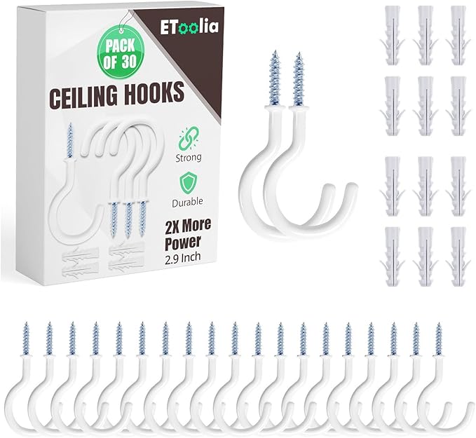30 Pcs Ceiling Hooks for Hanging Plants - 2.9 inch Heavy Duty, Hanging Hooks for Christmas Lights, Cups, Decors - White Vinyl Coated Screw in Plant Hanger Hook Indoor and Outdoor