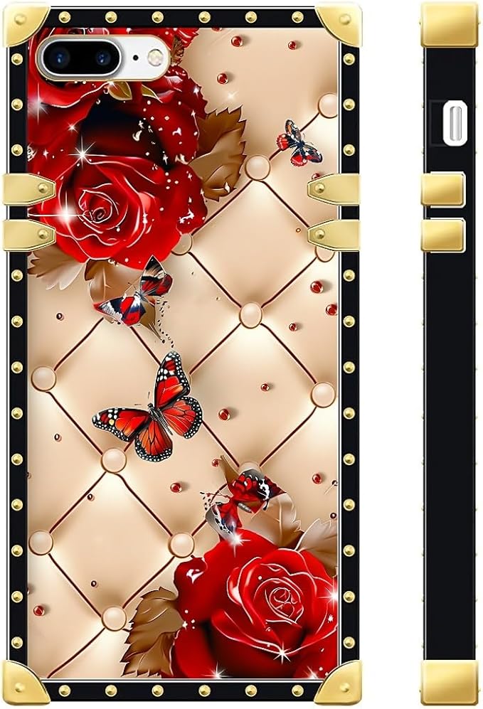 Compatible with iPhone 8 7 SE Case, Shining Red Rose Butterfly Leather Background Luxury Golden Decoration for Girl Women Soft TPU Shockproof Protective Hard PC Back for iPhone 8 7 SE
