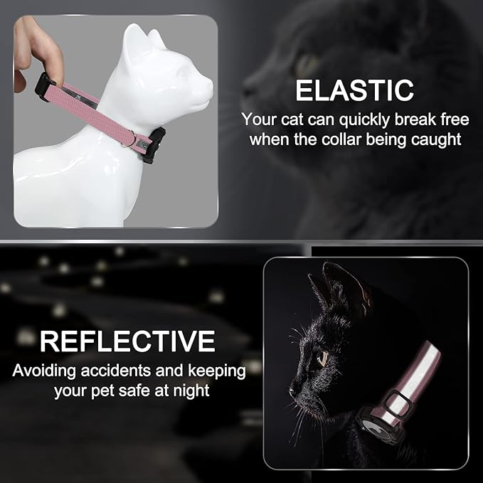 Reflective AirTag Cat Collar, Integrated Cat Tracker Collar with Air Tag Holder and Bell, Safety Elastic Band Cat GPS Collars for Girl Boy Cats, Kittens and Puppies (Pink, S)