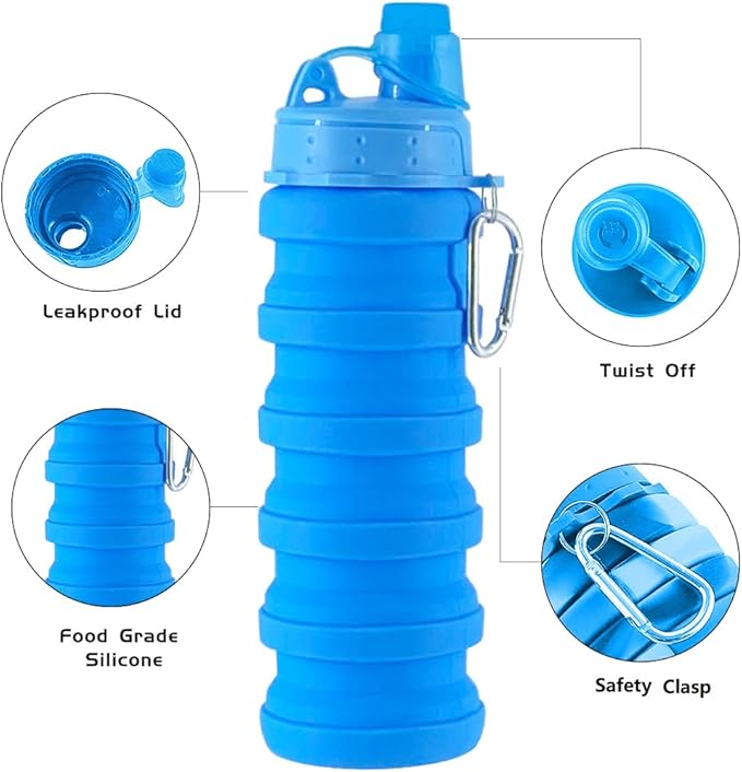 Collapsible Water Bottles 2 pack Travel Water Bottle 500ML. (Blue+Purple)