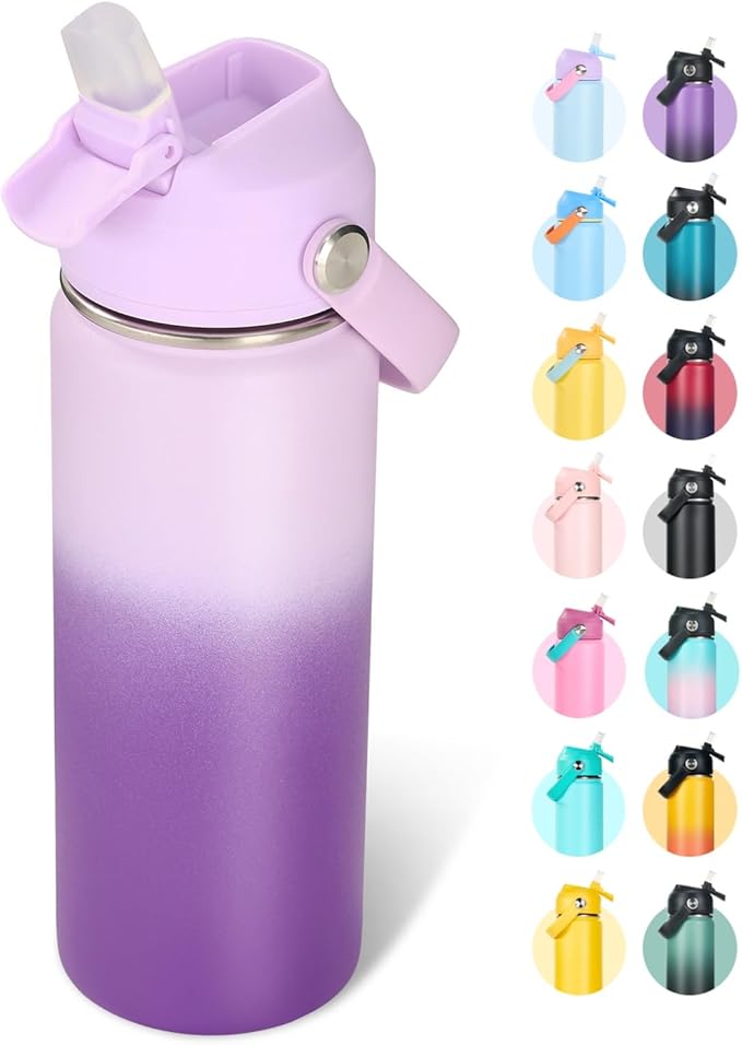 Fijinhom 18oz Insulated Stainless Steel Water Bottle, Wide Mouth Double Wall Vacuum, Silicone Straw, Sweat & Leak Proof, BPA Free Insulated Water Flask for Travel, Purple Gradient