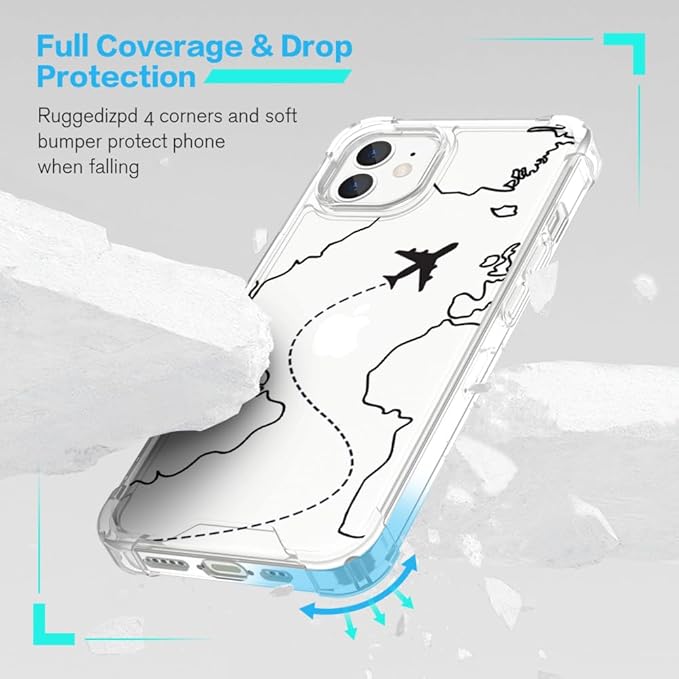 FANXI Minimalist Airplane Travel Map Phone Case Compatible with iPhone 12/12 Pro (6.1 Inch) - Shockproof Clear Soft TPU Protective Cover with Airplane Design for Women Men and Girls