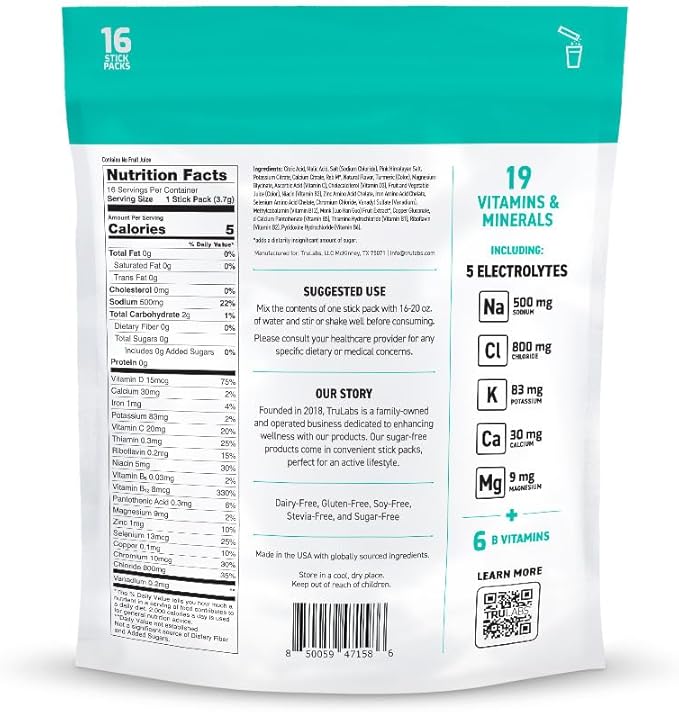 TRULABS Hydrate Electrolyte Drink Mix – Orange Twist Flavor, Sugar-Free Hydration Packets with 1422 mg Electrolytes & 19 Vitamins & Minerals, Monk Fruit Sweetened, On-the-Go Sticks (16 Count)