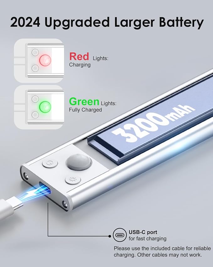 VerRon 14in Under Cabinet Lighting, 3200mAh Rechargeable Battery Powered Closet Lights with 3 Color Tempers 108 LED, Wireless Motion Sensor Light Indoor, Dimmable Lights for Kitchen, Stair, 5-Pack