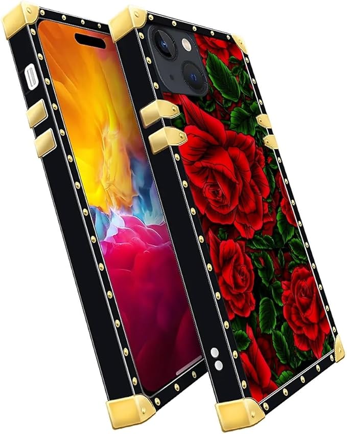 Compatible with iPhone 15 Case, Vector Red Rose Green Leaf Luxury Golden Decoration for Girl Women Soft TPU Shockproof Protective Hard PC Back for iPhone 15