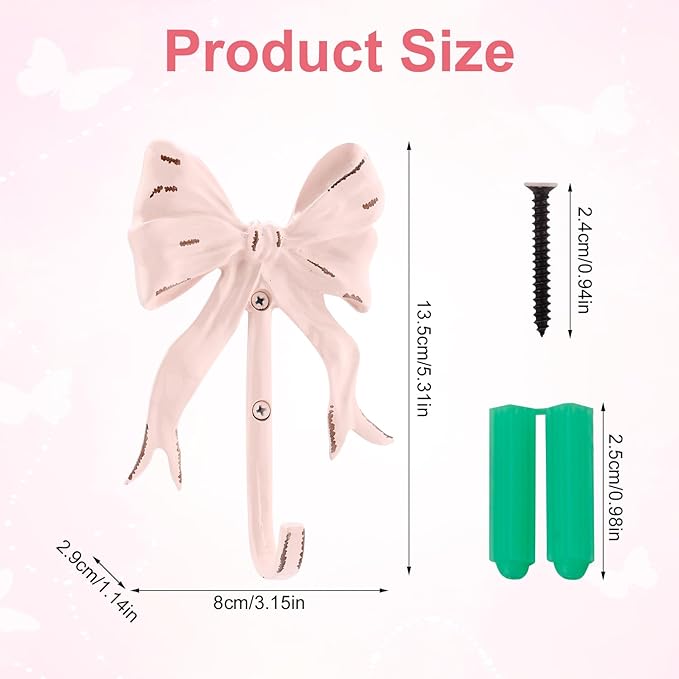 Pink Bow Hook Room Decor, Cute Coquette Bow Knot Wall Hooks Sweet Multi-Purpose Decorative Hook Bow Hanger for Hanging Hats Towels Coats Bowknot Bathroom Shower Living Room Decor
