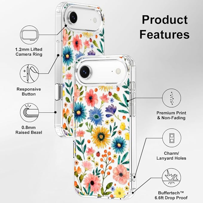 MOSNOVO for iPhone Air Case, Shockproof Military-Grade Protection 6.6ft Drop Tested, Camera Control, Clear Phone Case for iPhone 17 Air, Wildflower Bloom Design