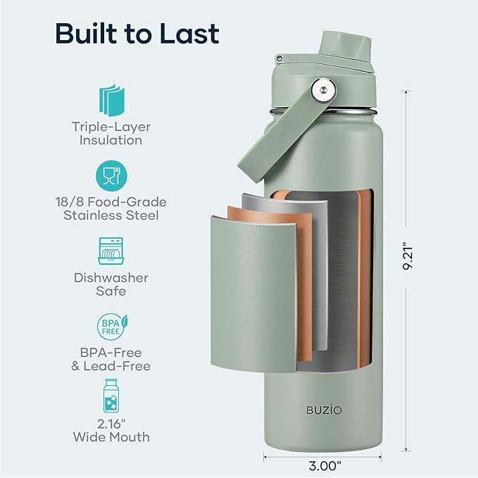 BUZIO 24 oz Water Bottle Insulated, Leakproof Stainless Steel Flask (Cold for 48 Hrs), Wide Mouth BPA-Free Metal Thermo Hydro Canteen with 2 Lids, Sage Green