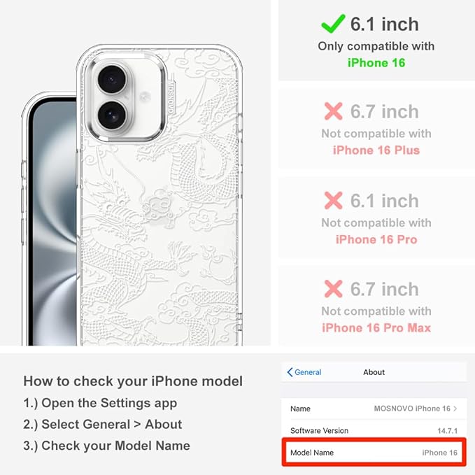 MOSNOVO Case for iPhone 16, [Buffertech 6.6ft Military-Grade Drop Protection] [Anti Peel Off Tech] Clear TPU Bumper Phone Case Cover Design - White Dragon