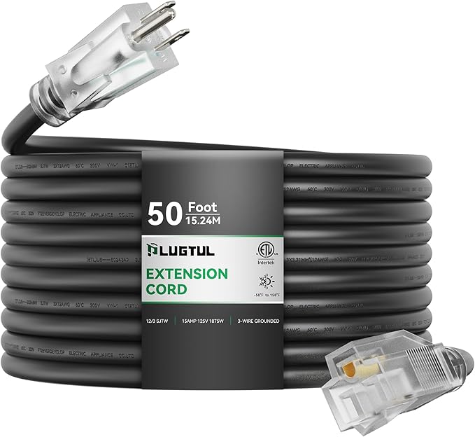 PLUGTUL Outdoor Extension Cord 50FT, 12 Gauge Extension Cord with Lighted End, Heavy Duty,15A 1875W SJTW, ETL Listed, Great for Garden and Home, Black