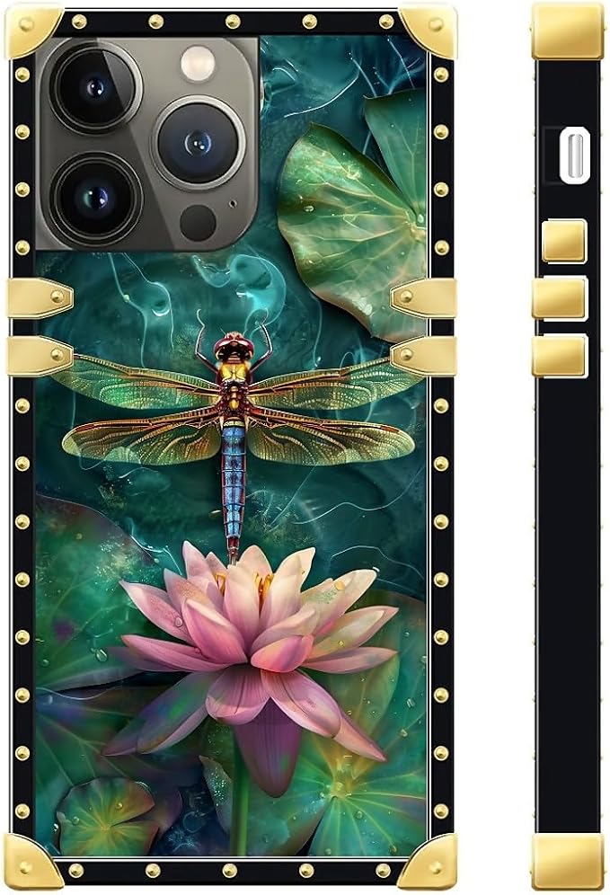 Compatible with iPhone 15 Pro Case, Colourful Dragonfly Pink Lily Pads Luxury Golden Decoration for Girl Women Soft TPU Shockproof Protective Hard PC Back for iPhone 15 Pro