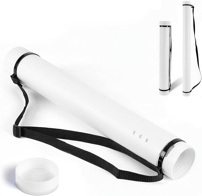 DEWEL Poster Tube, Waterproof Poster Holder Plastic Expandable Poster/Art/Document Storage Tube 24.5" to 40", Adjustable Poster Storage Blueprint Holder with Carrying Strap (White-Large Size)