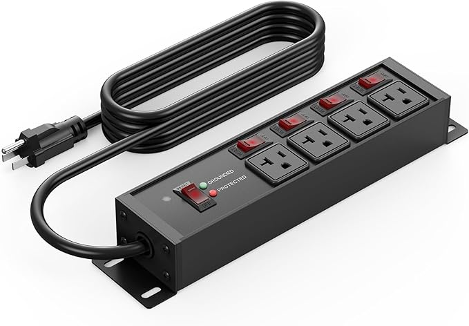 CCCEI Heavy Duty Surge Protector Power Strip 20 Amp Individual Switches. 4FT 12 Gauge Extension Cord with Multiple Outlets. Kitchen, Garage, Shop, Industrial Wall Mount Electric Extender, Black.