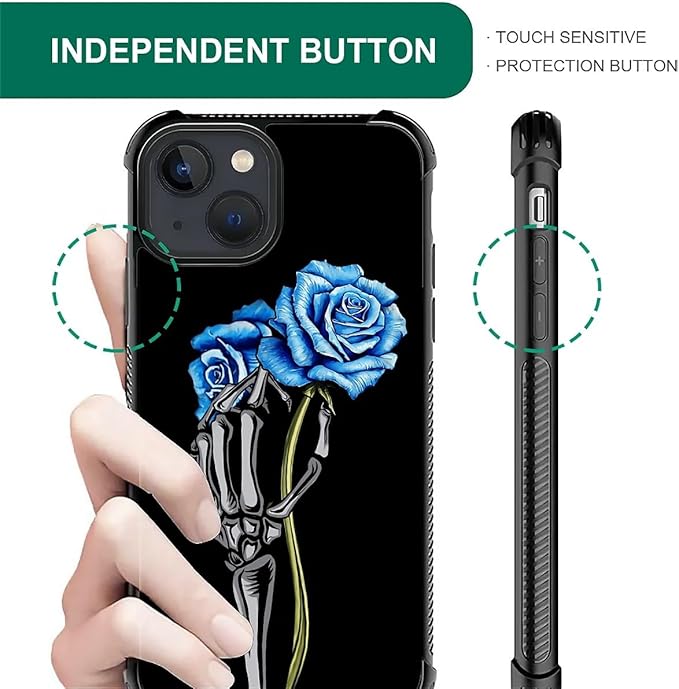 for iPhone 15 Case, Skeleton Holding Blue Rose Pattern Graphic Design Girl Boy Soft Silicone Hard Acrylic Shock Protection for iPhone 15