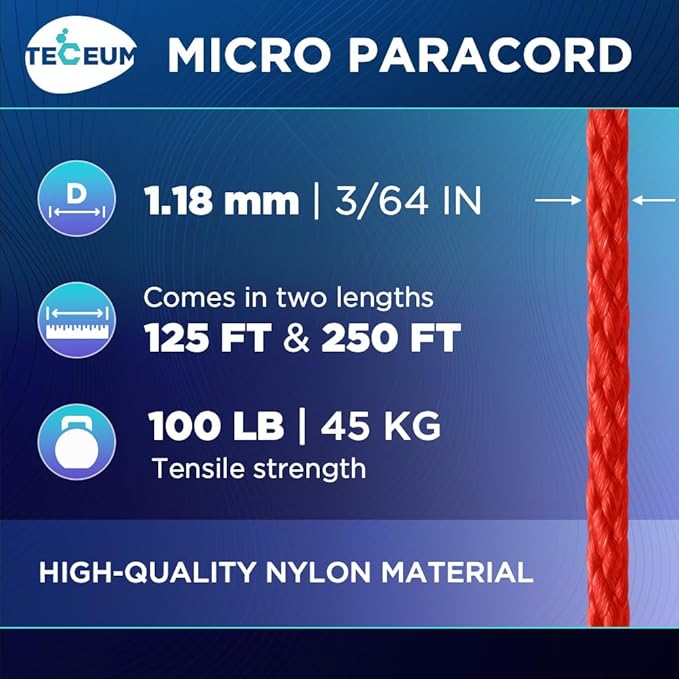 TECEUM Micro Paracord – 1.18 mm X 125 ft – Micro Utility Cord – Thin Braided Paracord Rope – Best for Crafting, DIY Projects, Fishing, Camping – Wind Chime Replacement – Survival Strong String