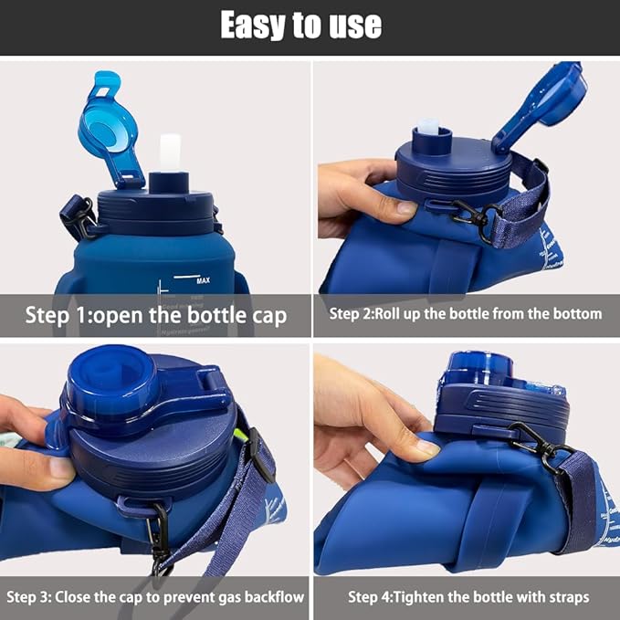 64oz Foldable Water Kettle - Straw & Motivational Time Marker, Half Gallon Silicone Reusable Bottle for Airport Travel, Outdoor Adventures & Home/Office (Blue)