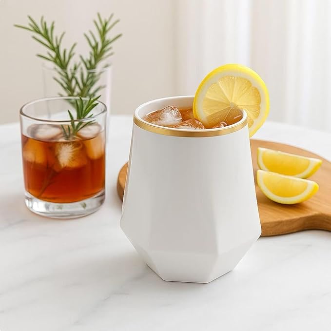 Oojami 40 Pack Diamond Stemless Plastic Wine Glasses Gold Rim, 12 Oz Disposable Clear Champagne Whiskey Cocktail Cups, BPA-Free Shatterproof Unbreakable for Wedding Party Bar (White Gold)