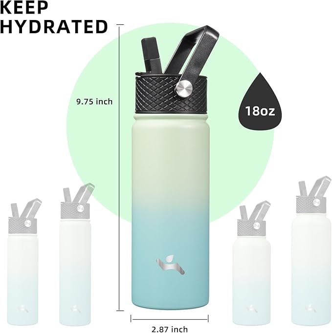 Konokyo 18 oz Insulated Water Bottle Stainless Steel Sport Bottles with 3 Lids,Mint