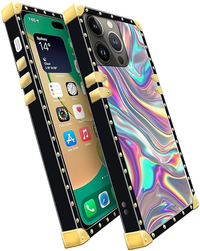 Compatible with iPhone 14 Pro Max Case, Holographic Abstract Iridescent Textures Luxury Golden Decoration for Girl Women Soft TPU Shockproof Protective Hard PC Back