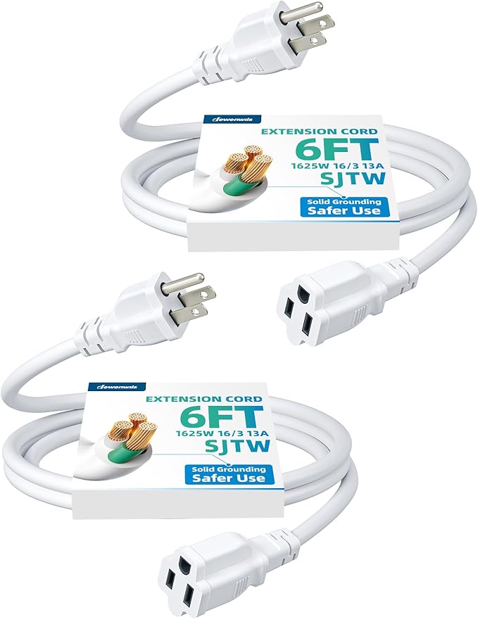 DEWENWILS 6ft Extension Cord, 16 AWG SJTW Weatherproof Power Cable for Indoor Outdoor Use, 3 Prong Grounded Outlets Plugs, ETL Listed, 2 Pack (White)