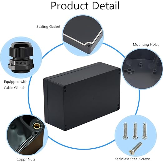 Junction Box IP65 Waterproof ABS Plastic Electrical Project Case Power Junction Boxes, Project Box with 4 PCS M16 Cable Glands 7.87 x4.72 x2.95 inch (200x120x75 mm)