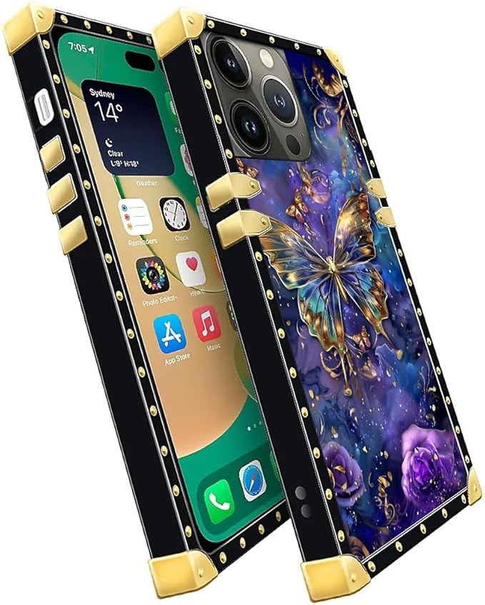 Compatible with iPhone 14 Pro Case, Glistening Golden Butterfly Vibrant Purple Blue Luxury Golden Decoration for Girl Women Soft TPU Shockproof Protective Hard PC Back