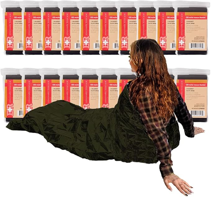 Ever Ready First Aid Mylar Rescue Blanket, Large Olive Thermal Sheet for Emergency and Survival, 54” x 84” – 20 Count