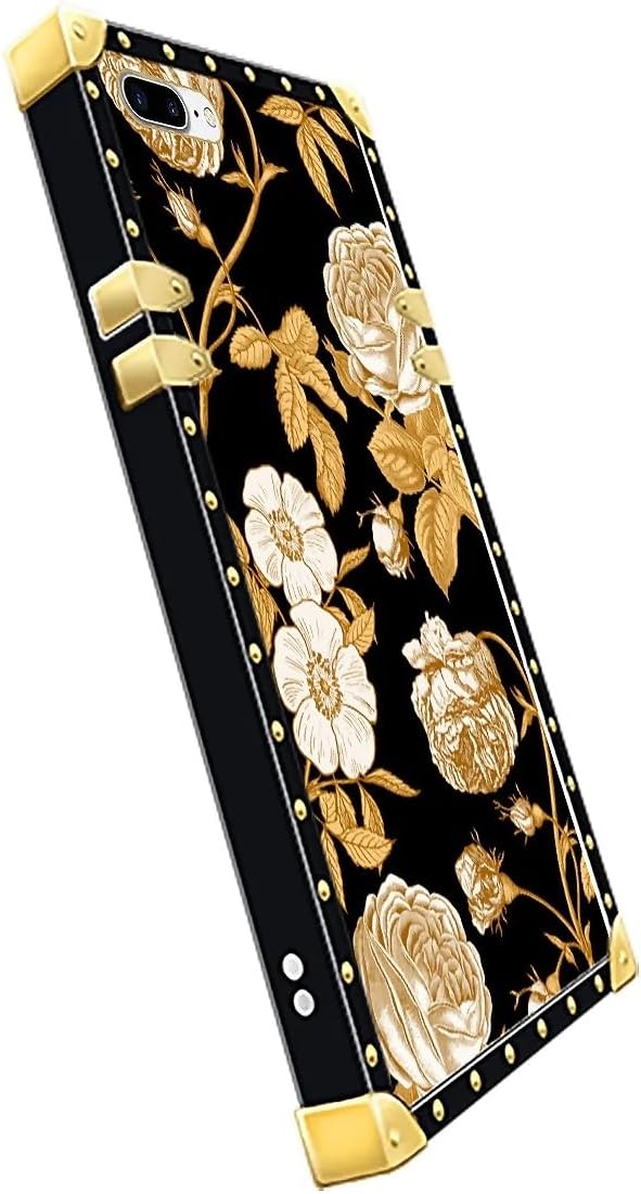 Compatible with iPhone 8 Plus 7 Plus Case, Blooming Rose Golden Flower Luxury Golden Decoration for Girl Women Soft TPU Shockproof Protective Hard PC Back for iPhone 8 Plus 7 Plus