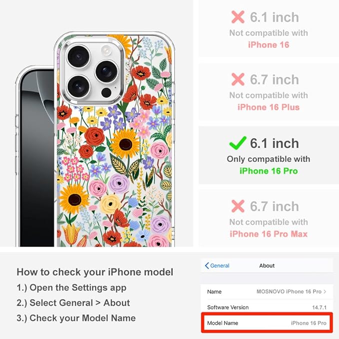MOSNOVO Case for iPhone 16 Pro, [Buffertech 6.6ft Military-Grade Drop Protection] [Anti Peel Off Tech] Clear TPU Bumper Phone Case Cover Design - Blossom & Bloom