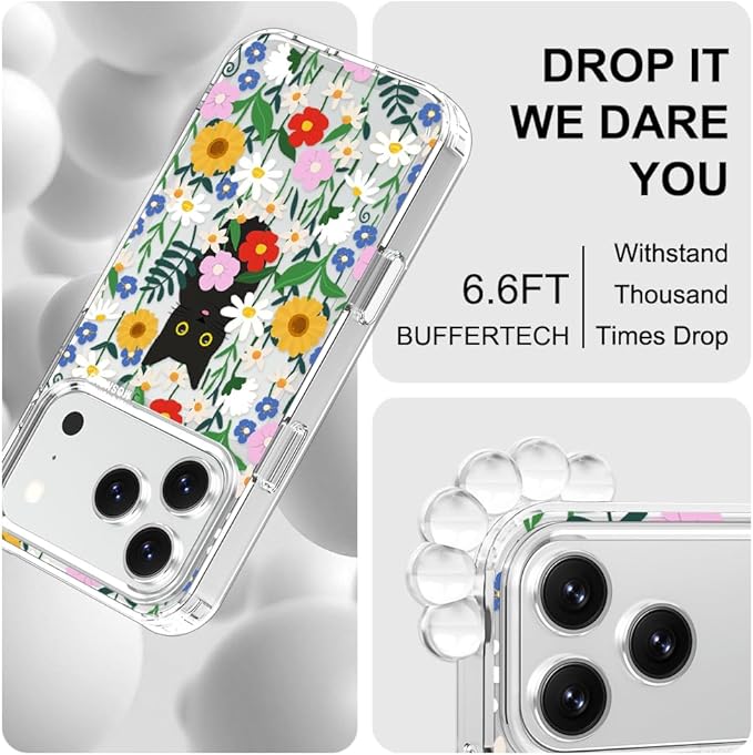 MOSNOVO for iPhone 17 Pro Case | Military Grade 6.6ft Drop Tested | Camera Control | Clear with Black Cat in Garden Design