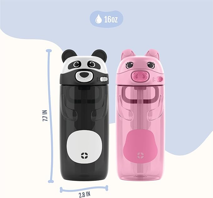 Ello Ellies 16oz Plastic Kids Water Bottle with Straw and Built-in Carrying Handle and Leak-Proof Locking Lid for School backpack, Lunchbox and Outdoor Sports, Pig
