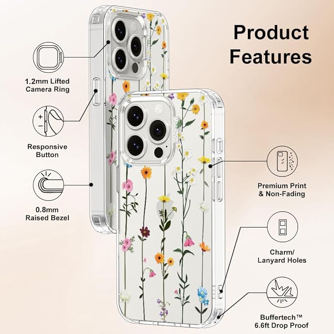 MOSNOVO Case for iPhone 15 Pro, [Buffertech 6.6ft Military-Grade Drop Protection] [Anti Peel Off Tech] Clear TPU Bumper Phone Case Cover Design - Wildflowers