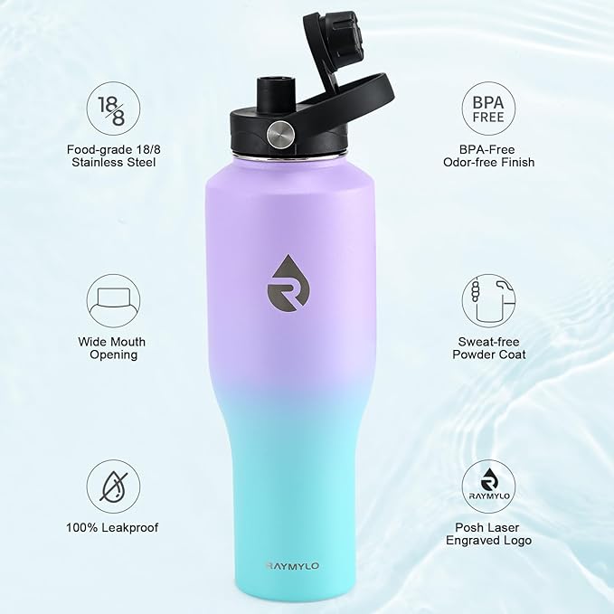 RAYMYLO 40 oz Insulated Water Bottle with Straw fit in Car Cup Holder, Triple Wall Vacuum Stainless Steel(Cold 48 hrs, Hot 24 hrs), Leakproof & Non-BPA, Hydro Travel Flask with Straw and Spout Lid