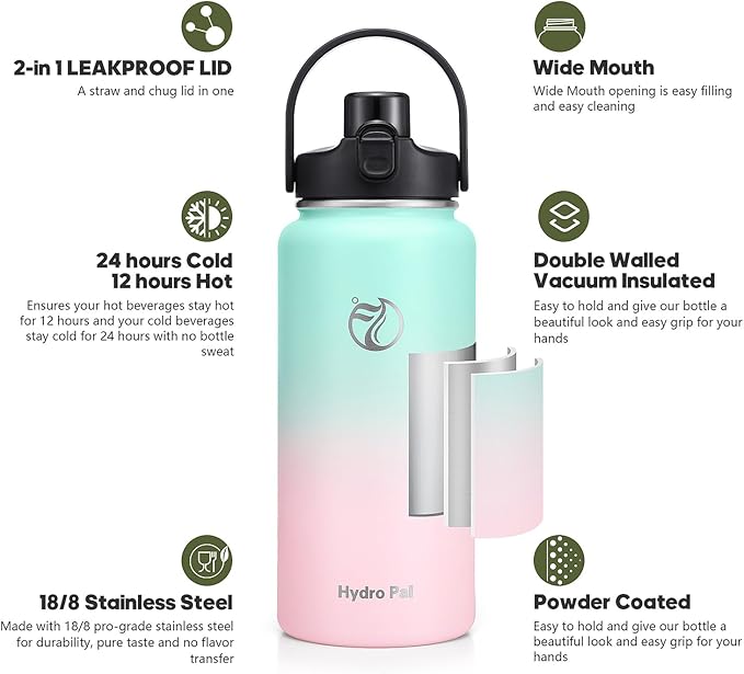 64oz Half Gallon Insulated Water Bottle with 2-in-1 Lid (Chug & Straw), Double Walled Vacuum Stainless Steel Water Bottles, Wide Mouth Leakproof Insulated Jug with Straw