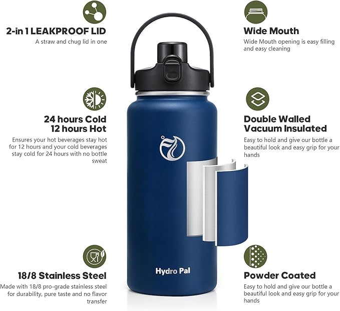 64oz Half Gallon Insulated Water Bottle with 2-in-1 Lid (Chug & Straw), Double Walled Vacuum Stainless Steel Water Bottles, Wide Mouth Leakproof Insulated Jug with Straw