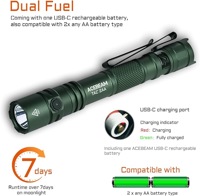 ACEBEAM TAC 2AA EDC Tactical Dual Modes Flashlight Rechargeable, 1600 High Lumens Flashlight, Dual Switch Pocket LED Flashlight, Super Bright Small Flash Light for Emergency, Camping, Home
