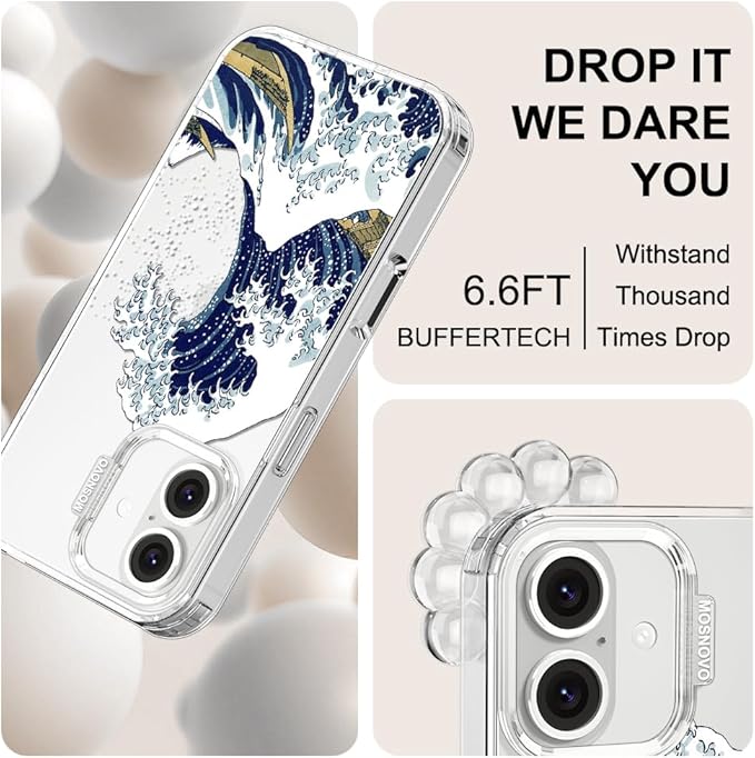 MOSNOVO Case for iPhone 16 Plus, [Buffertech 6.6ft Military-Grade Drop Protection] [Anti Peel Off Tech] Clear TPU Bumper Phone Case Cover Design - Great Wave