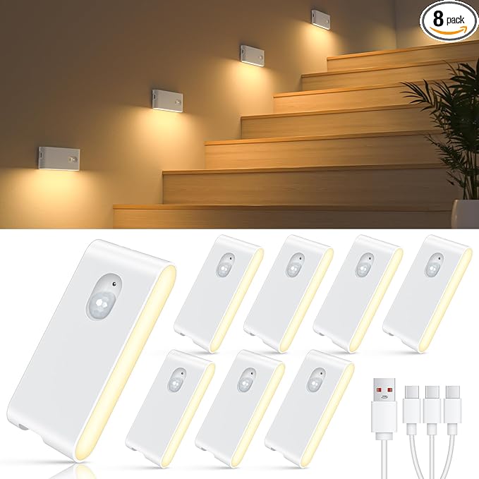 WILLED Rechargeable Night Lights, Warm White Motion Sensor Night Lights, Wireless Stair Lights Indoor for Stairway, Hallway, Kitchen, Closet, Cabinet, Bedroom, Kids' Room(8-Pack)