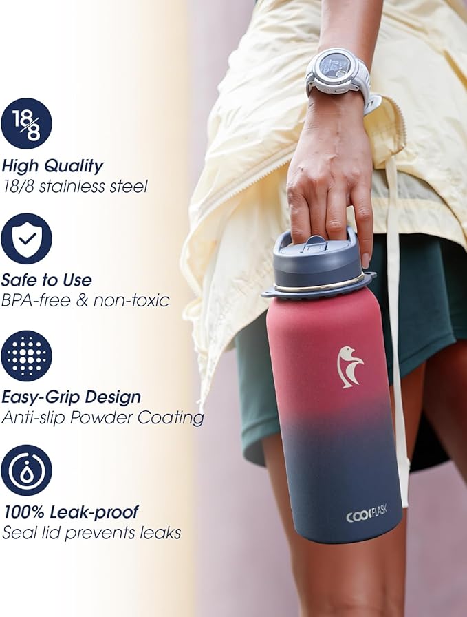 Coolflask Water Bottle with Straw, 32 oz Insulated Metal Water Flask with Straw & Spout Lids, Stainless Steel Double Wall Vacuum, Keep Cold 48h Hot 24h, Leak Proof, BPA-Free, Wine/Navy