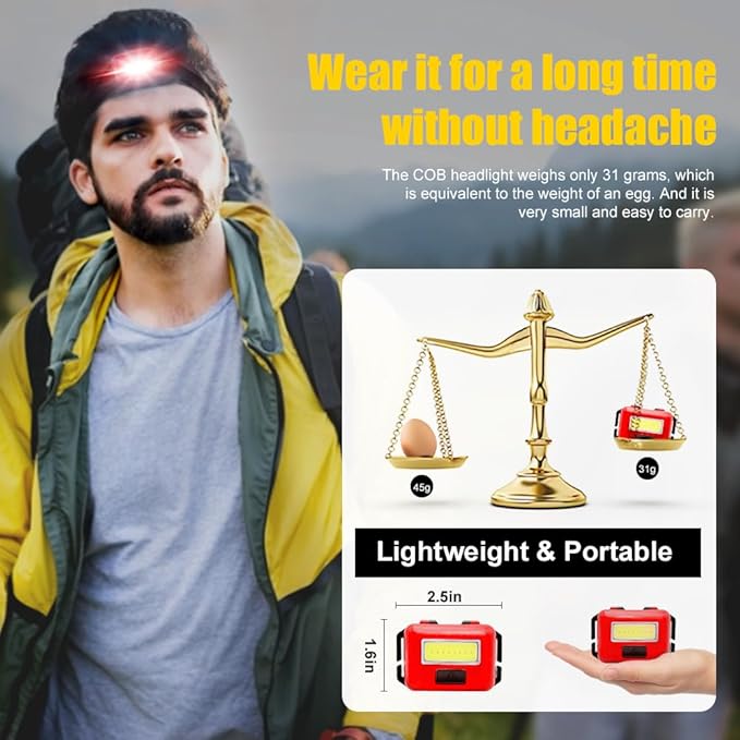 8 Pack Led Headlamp for Adults and Kids, 1.1oz/31g COB Flood Light Ultra Bright Head Lamp with 3 Modes 24 AAA Batteries, Waterproof Work Flashlight for Family Camping Running Reading Hiking