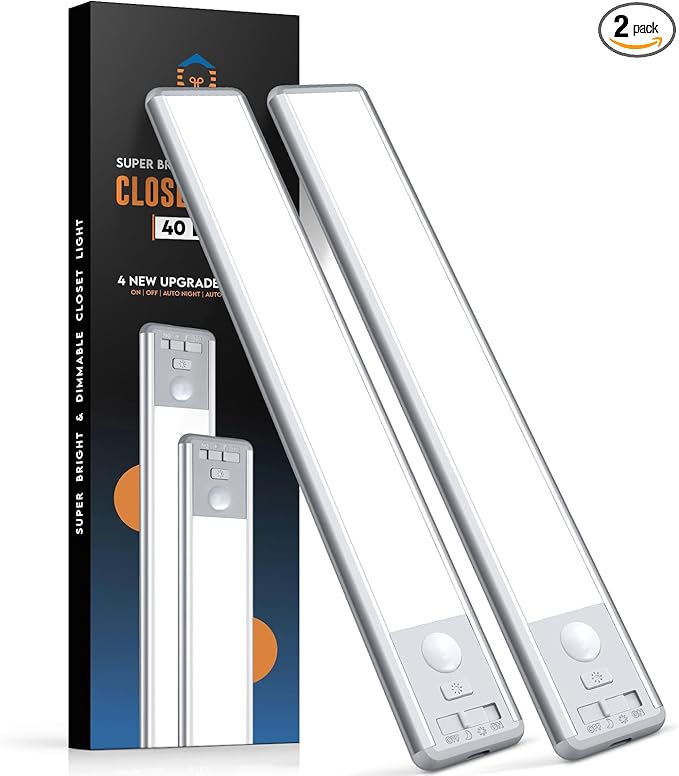 Reoshine Under Cabinet Lighting, 40 LED Motion Sensor Light Indoor Rechargeable, 1800mAh Closet Lights Battery Operated for Kitchen Cabinets, Shelves, Walls (2 Pack)