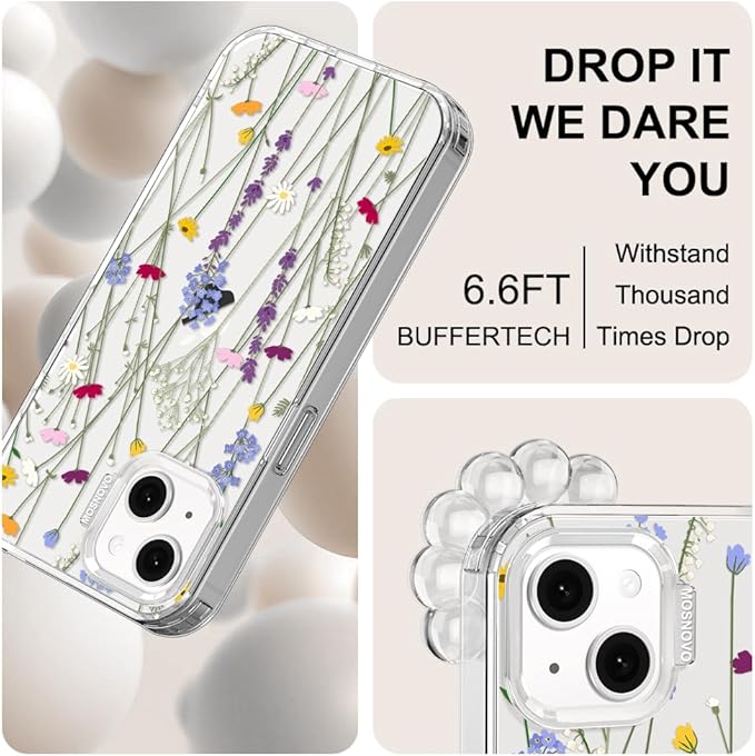 MOSNOVO for iPhone 13/14 Case | Military Grade 6.6ft Drop Tested | Clear with Floral Garden Design