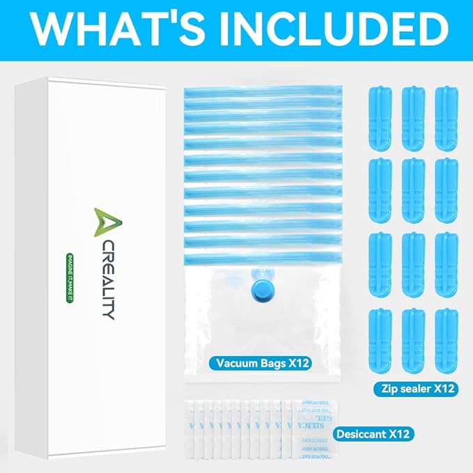 Creality 3D Printer Filament Storage Bags 35 x 35CM, 12 Transparent Sealed Bags Dust Proof Humidity Resistant Keeping Filament Dry, Reusable Vacuum Storage Bags Filament Vacuum Bags