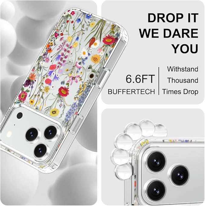MOSNOVO for iPhone 17 Pro Case | Military Grade 6.6ft Drop Tested | Camera Control | Clear with Wildflower Meadow Design