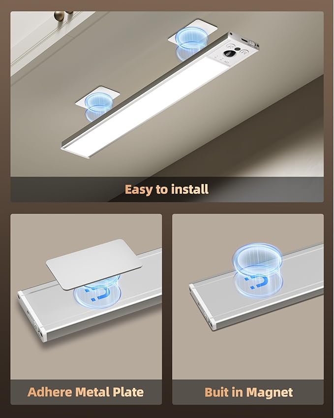 EZVALO 4-Pack Under Cabinet Lights, 2400mAh Rechargeable Motion Sensor Light Indoor, Wireless Closet Lights, with 3 Color Temps, Dimmable, Magnetic, Under Counter Lights for Kitchen, Stairs (8-inch)