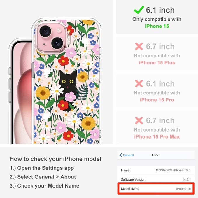 MOSNOVO Case for iPhone 15, [Buffertech 6.6ft Military-Grade Drop Protection] [Anti Peel Off Tech] Clear TPU Bumper Phone Case Cover Design - Black Cat in Garden