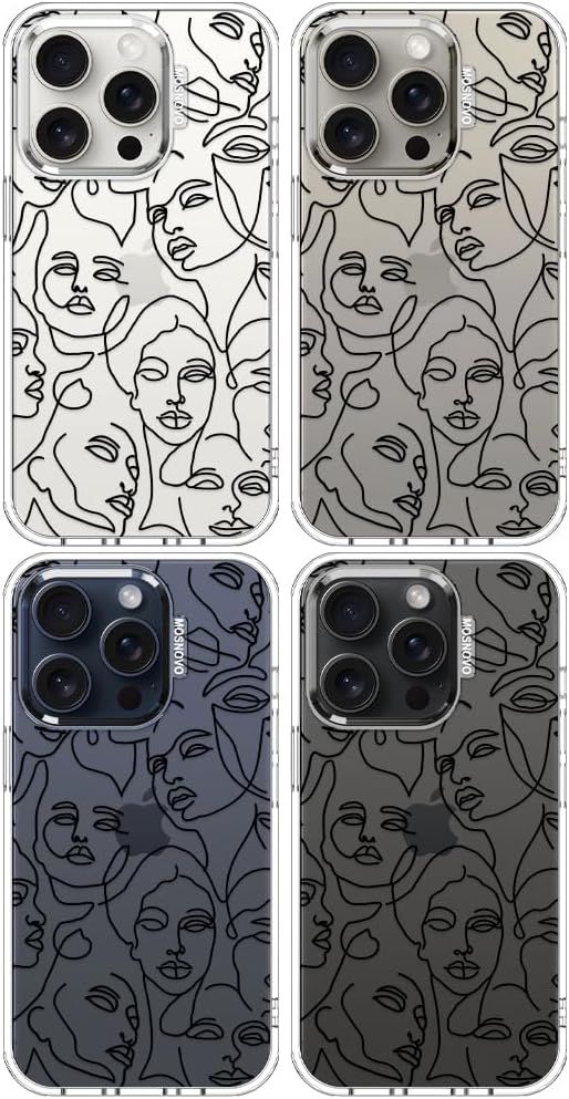 MOSNOVO Case for iPhone 15 Pro, [Buffertech 6.6ft Military-Grade Drop Protection] [Anti Peel Off Tech] Clear TPU Bumper Phone Case Cover Design - Abstract Face Line Art