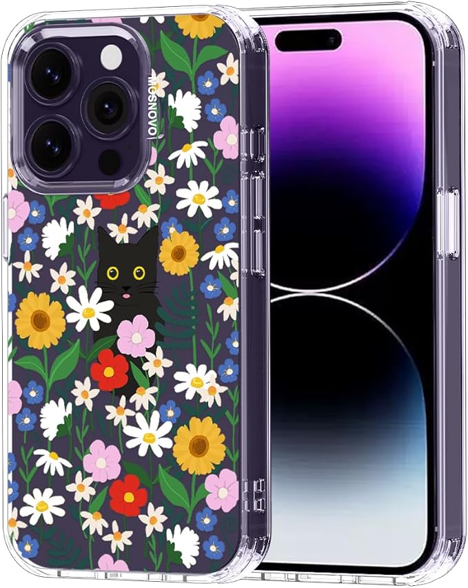 MOSNOVO Case for iPhone 14 Pro, [Buffertech 6.6ft Military-Grade Drop Protection] [Anti Peel Off Tech] Clear TPU Bumper Phone Case Cover Design - Black Cat in Garden
