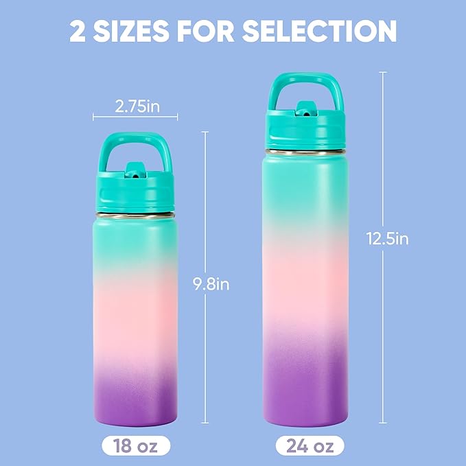 Fijinhom 18oz Insulated Stainless Steel Water Bottle with Straws, Double Wall Vacuum Insulated Bottles, Metal Thermo for Travel, Sports, Leak-Proof, BPA Free, Women & Men, Color Gradient