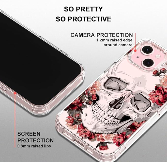 MOSNOVO Case for iPhone 15, [Buffertech 6.6ft Military-Grade Drop Protection] [Anti Peel Off Tech] Clear TPU Bumper Phone Case Cover Design - Red Flower Skull